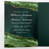 Invitation Trois Volets Emerald Green et Gold Agate Photo Collage Mariage (Intérieur en premier)