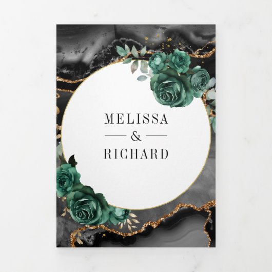 Invitation Trois Volets Emerald Green Floral Black Marble QR Code Wedding (Page de couverture)