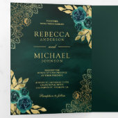 Invitation Trois Volets Emerald Green Floral Gold Lace QR Code Mariage (Intérieur en premier)