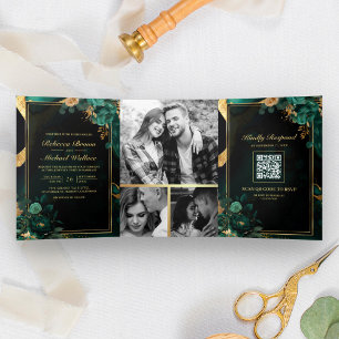 Invitation Trois Volets Emerald Green Floral Marbre QR Code Mariage
