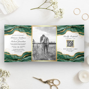 Invitation Trois Volets Emerald Green Gold Abstrait Enk QR Code Mariage