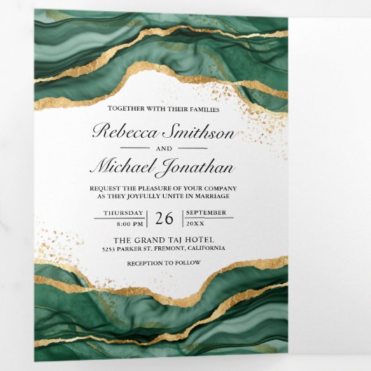 Invitation Trois Volets Emerald Green Gold Abstrait Enk QR Code Mariage (Intérieur en premier)