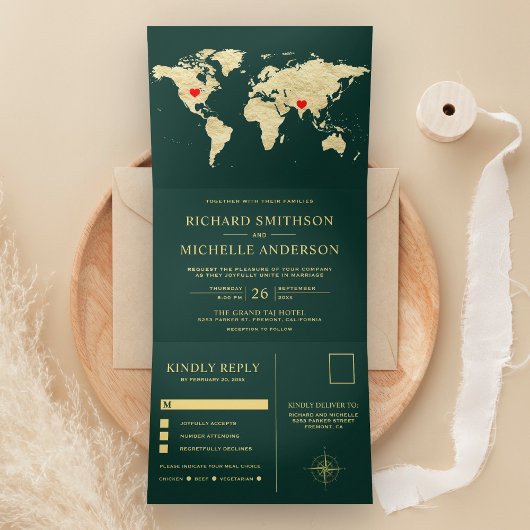 Invitation Trois Volets Emerald Green Gold World Map All in One Wedding