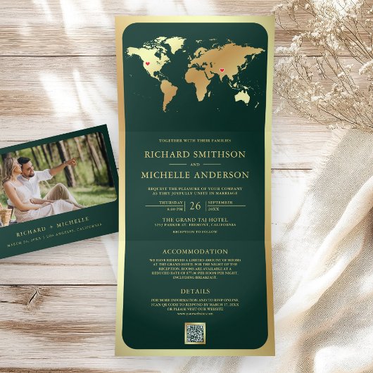 Invitation Trois Volets Emerald Green Gold World Map QR Code Photo Wedding