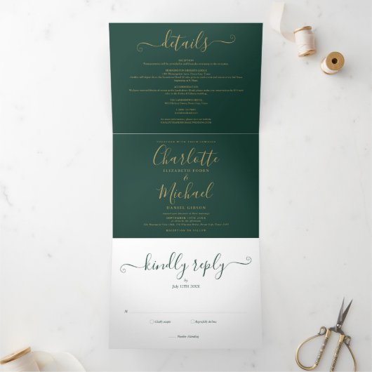 Invitation Trois Volets Emerald Green Modern Gold Script Mariage photo (Intérieur)
