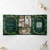 Invitation Trois Volets Emerald Green Peacock Feathers QR Code Mariage (Intérieur)