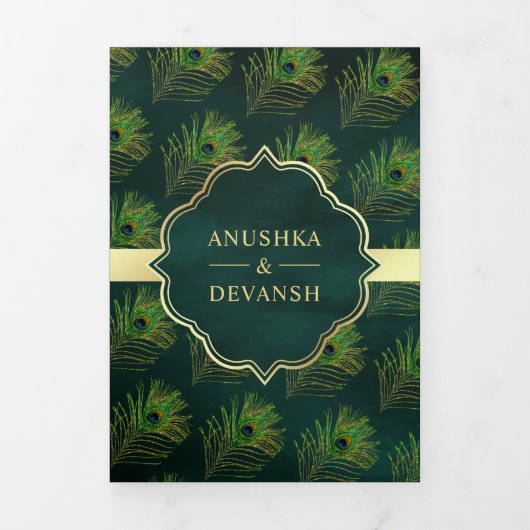 Invitation Trois Volets Emerald Green Peacock Feathers QR Code Mariage (Page de couverture)