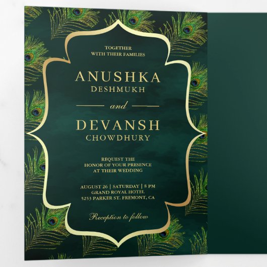 Invitation Trois Volets Emerald Green Peacock Feathers QR Code Mariage (Intérieur en premier)