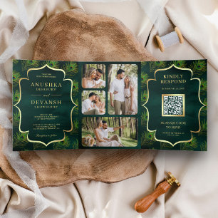 Invitation Trois Volets Emerald Green Peacock Feathers QR Code Mariage
