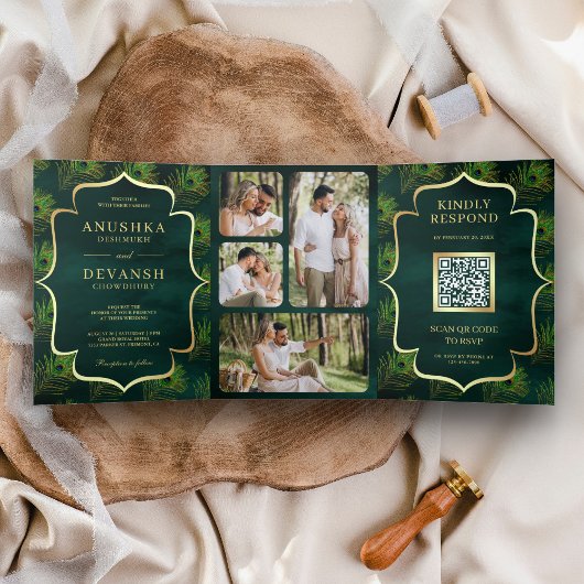 Invitation Trois Volets Emerald Green Peacock Feathers QR Code Mariage