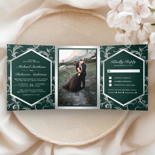 Invitation Trois Volets Emerald Green Silver Flourish Swirl Wedding Photo
