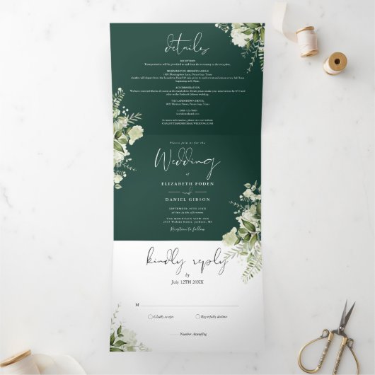 Invitation Trois Volets Emerald Modern Botanical Greenery Mariage photo (Intérieur)