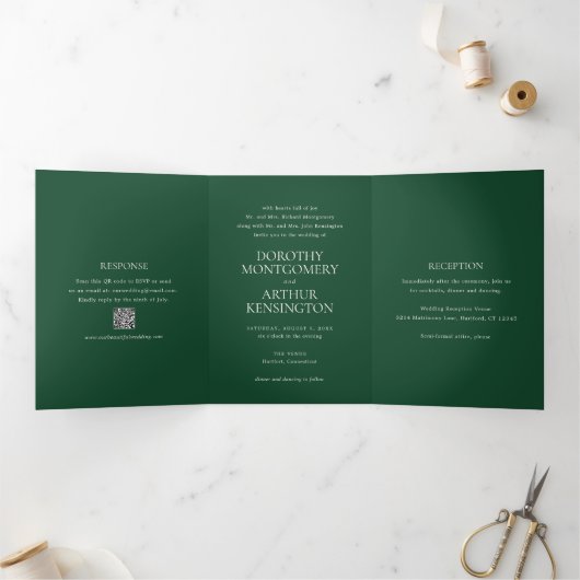 Invitation Trois Volets Emerald vert QR Code moderne Mariage élégant (Intérieur)