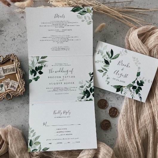 Invitation Trois Volets Émeraude | Mariage arrière feuille tout en un