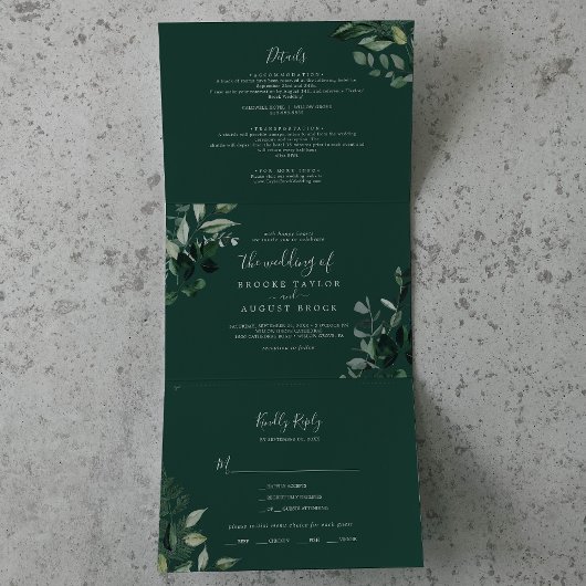 Invitation Trois Volets Émeraude | Mariage photo vert tout en un