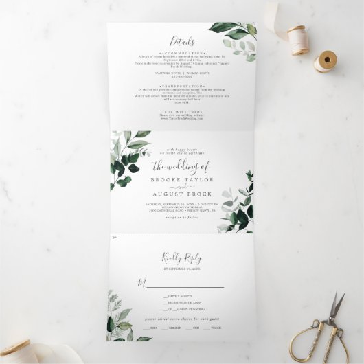 Invitation Trois Volets Émeraude | Mariage verdoyant tout en un (Intérieur)
