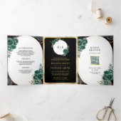 Invitation Trois Volets Émeraude Vert Floral Marbre Noir Code QR Mariage (Intérieur)
