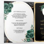 Invitation Trois Volets Émeraude Vert Floral Marbre Noir Code QR Mariage (Intérieur en premier)