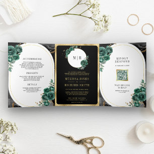 Invitation Trois Volets Émeraude Vert Floral Marbre Noir Code QR Mariage