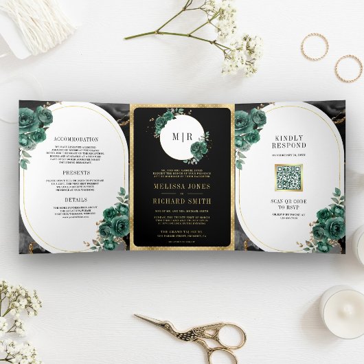 Invitation Trois Volets Émeraude Vert Floral Marbre Noir Code QR Mariage