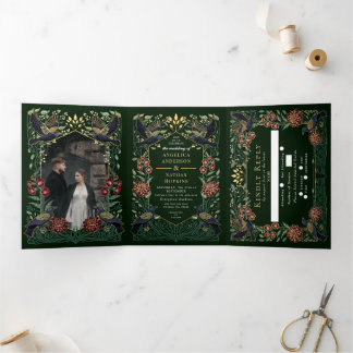 Invitation Trois Volets Enchanted Gothic Raven Snapdragon Dahlia Wedding