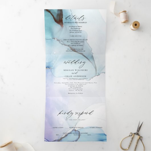 Invitation Trois Volets Encre Abstraite Indigo Lavender Aquamarine (Intérieur)