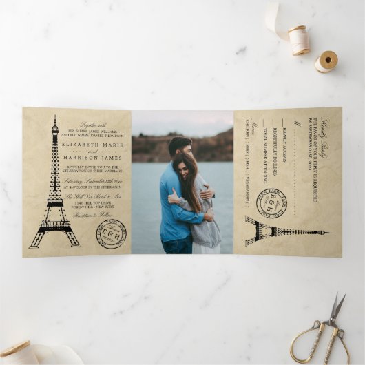 Invitation Trois Volets Ensemble de mariage avec oblitération de Paris et (Intérieur)
