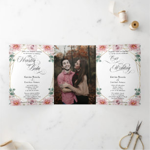 Invitation Trois Volets Español Anglais Peonias Rosas Pink Peonies