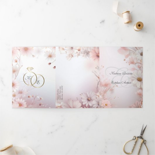 Invitation Trois Volets Español Français Rose Daisies Margaritas Rosas (Extérieur)