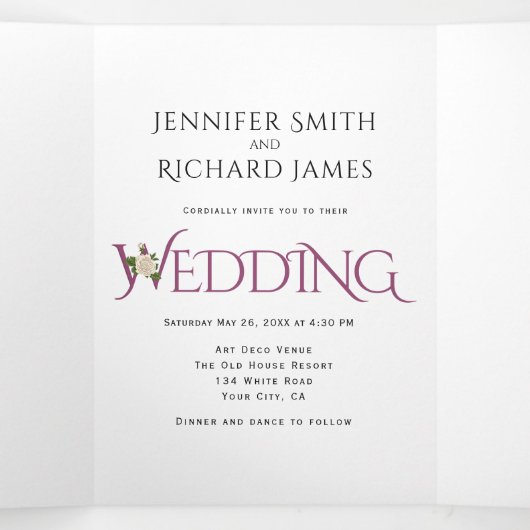 Invitation Trois Volets Esperluette violet Cassis avec mariage rose blanc (Intérieur au milieu)