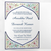 Invitation Trois Volets Ethnic Blue Ornate Floral Arch Mariage indien (Intérieur en premier)