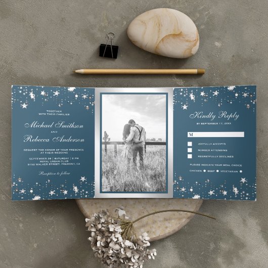 Invitation Trois Volets Etoiles à huile d'argent Confetti Mariage bleu Dus