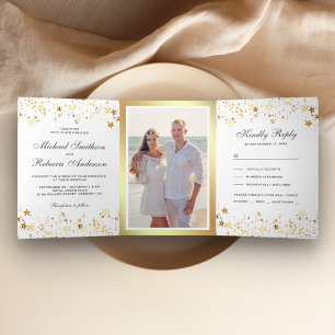 Invitation Trois Volets Étoiles de Confettis en Feuille d'Or Mariage Blanc
