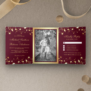 Invitation Trois Volets Étoiles en feuille d'or Confettis Bourgogne Mariag