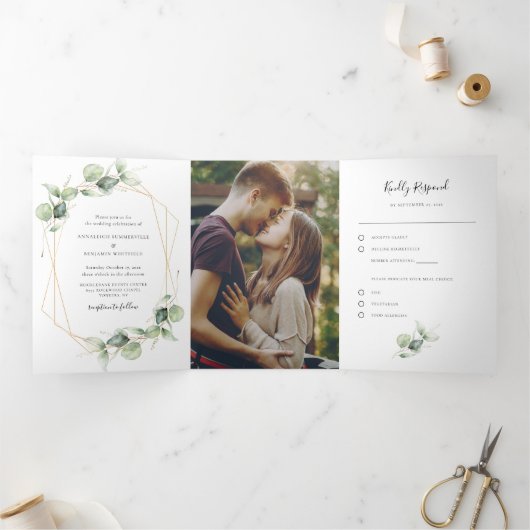 Invitation Trois Volets Eucalyptus Aquarelle photo Mariage tout en un (Intérieur)