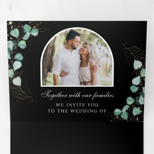Invitation Trois Volets Eucalyptus Arch Photo noir Code QR Mariage (Intérieur en premier)