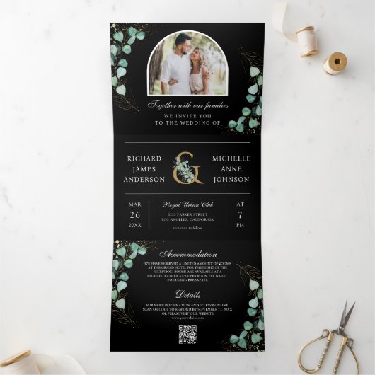 Invitation Trois Volets Eucalyptus Arch Photo noir Code QR Mariage (Intérieur)
