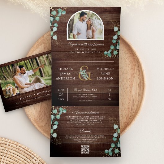 Invitation Trois Volets Eucalyptus Arch Photo Rustic Wood QR Code Wedding
