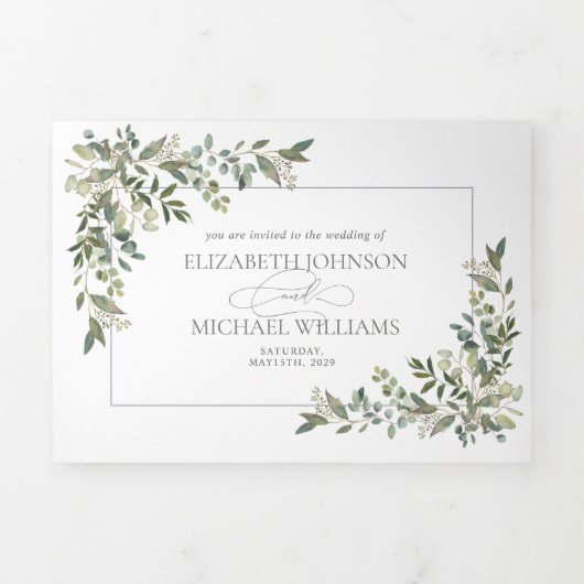 Invitation Trois Volets Eucalyptus Botanique Sage Vert Script Mariage Tri (Page de couverture)