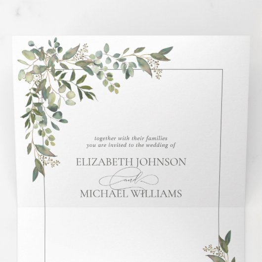 Invitation Trois Volets Eucalyptus Botanique Sage Vert Script Mariage Tri (Intérieur en premier)
