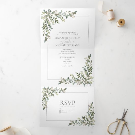 Invitation Trois Volets Eucalyptus Botanique Sage Vert Script Mariage Tri (Intérieur)