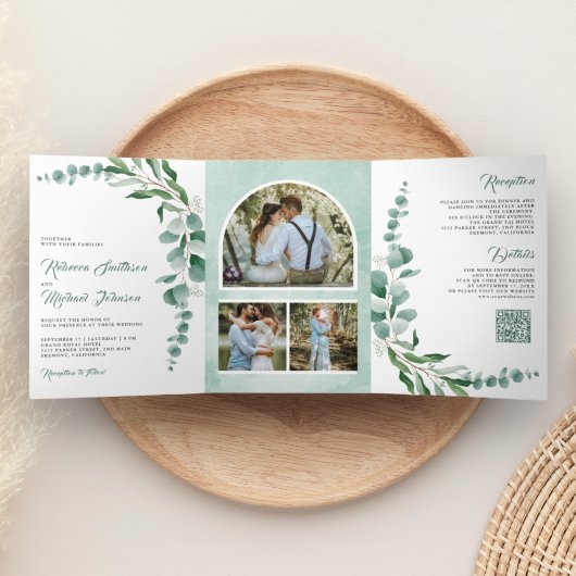 Invitation Trois Volets Eucalyptus Branch Photo Collage Code QR Mariage