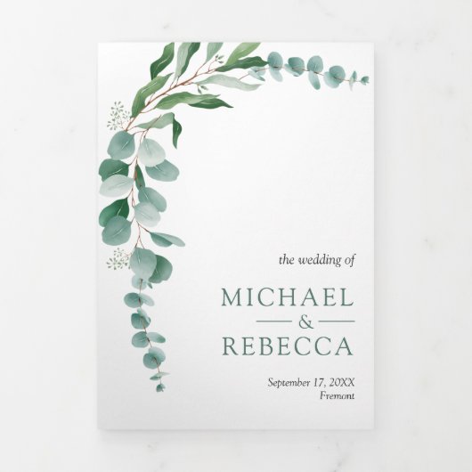 Invitation Trois Volets Eucalyptus Branch Photo Collage Code QR Mariage (Page de couverture)