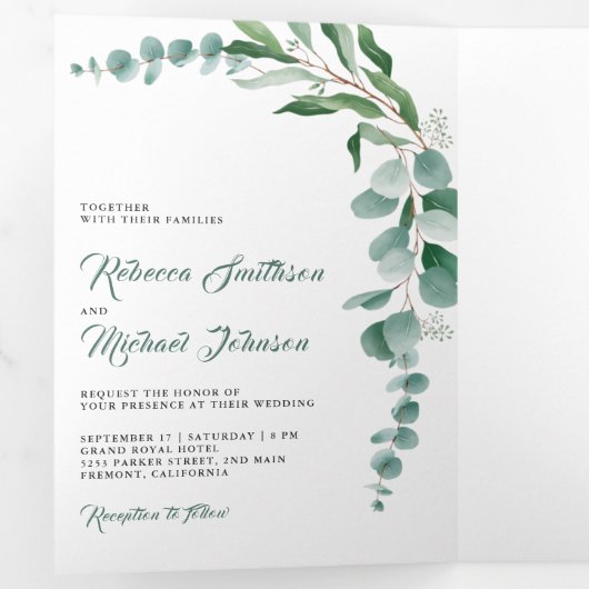 Invitation Trois Volets Eucalyptus Branch Photo Collage Code QR Mariage (Intérieur en premier)