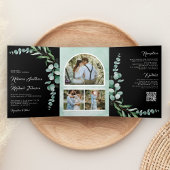 Invitation Trois Volets Eucalyptus Branch Photo QR Code Black Wedding