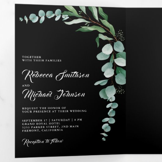 Invitation Trois Volets Eucalyptus Branch Photo QR Code Black Wedding (Intérieur en premier)