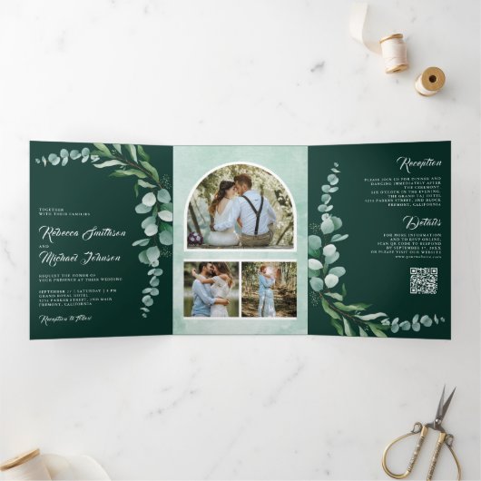 Invitation Trois Volets Eucalyptus Branch Photo QR Code Emerald Wedding (Intérieur)