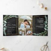 Invitation Trois Volets Eucalyptus Branche Black Gold Photo Collage Mariag (Intérieur)