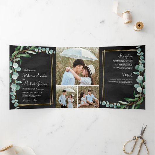 Invitation Trois Volets Eucalyptus Branche Black Gold Photo Collage Mariag (Intérieur)