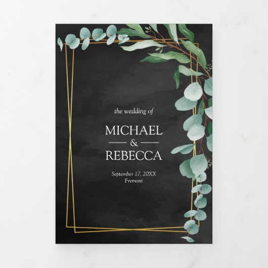 Invitation Trois Volets Eucalyptus Branche Black Gold Photo Collage Mariag (Page de couverture)